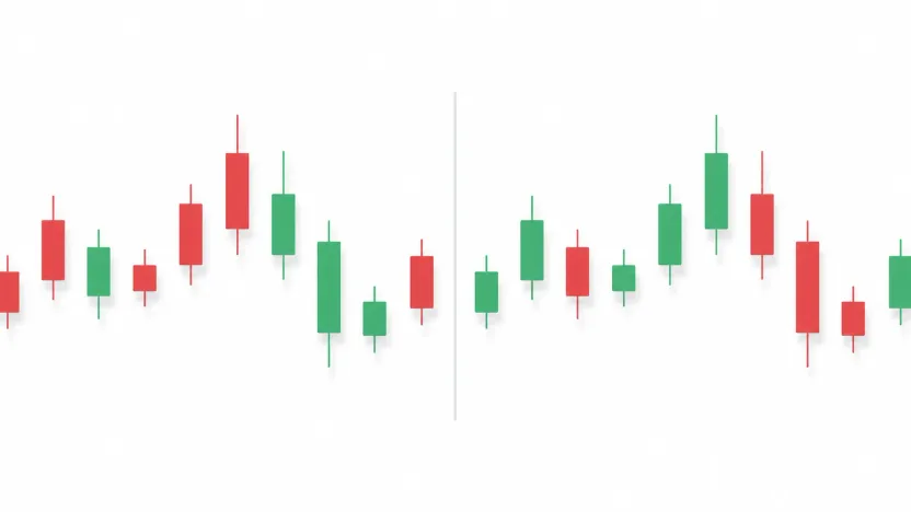 Two candlestick charts of the same price data side by side, one with red rising bars and one with green rising bars.