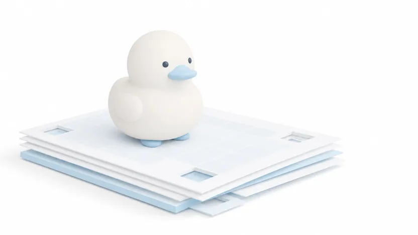 A rounded duck-shaped toy standing on a stack of spreadsheet paper with a few empty cells punched out of the edge.