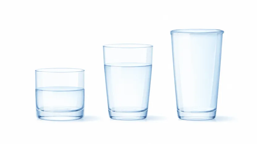 Three transparent glasses of different sizes filled to different levels, one about to overflow.