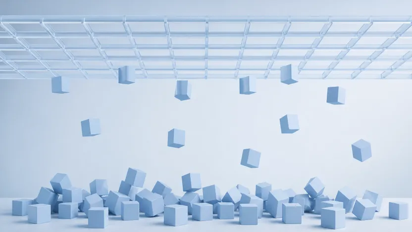 Pale blue cubes falling straight through an empty transparent grid and piling up on the floor below, the grid completely unchanged.