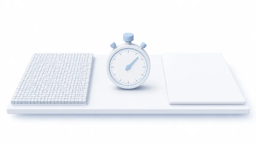 A stopwatch on a desk between two panels, one packed with thousands of tiny separate tiles and one a single smooth surface.