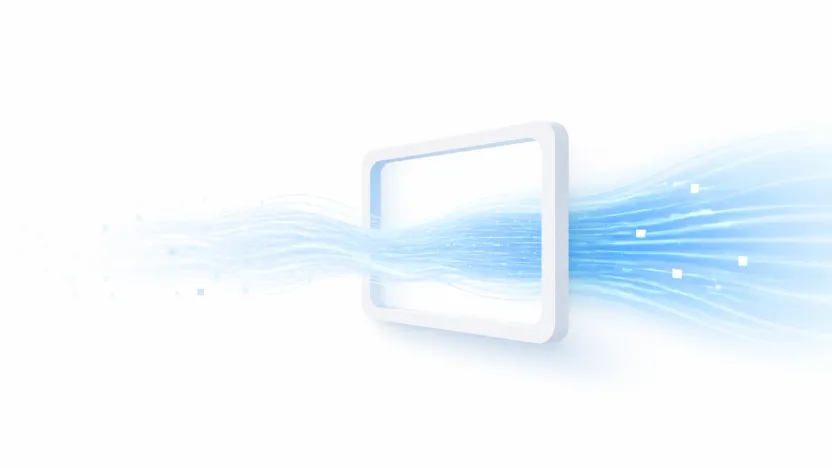 A glowing blue data stream pouring into a rectangular window while older data spills off the left edge and fades out.